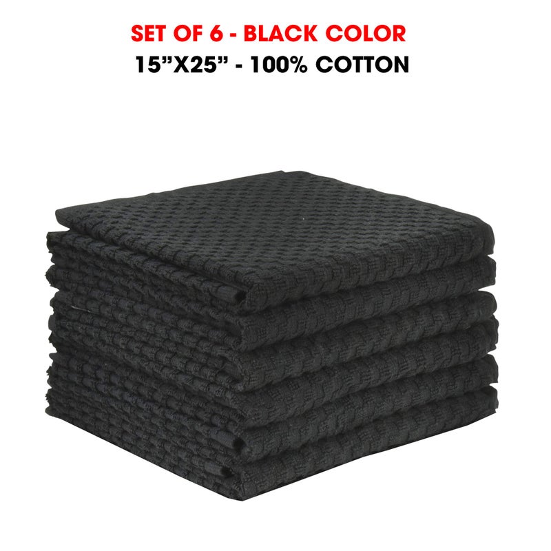 TALVANIA Kitchen Towels 100% Cotton Dobby Weave Terry Towel Set, 15" X 25", 6 Pack Soft and Absorbent Multipurpose Dish Cloth, Hand Towel and All Kitchen Cleaning Machine Washable (Black) - Image 2